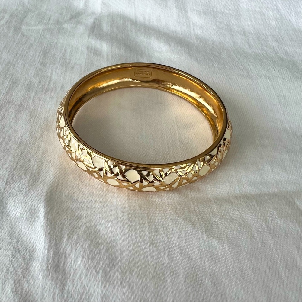 Cream & Gold Colored Enamel Bangle Bracelet - 3 inches in diameter.